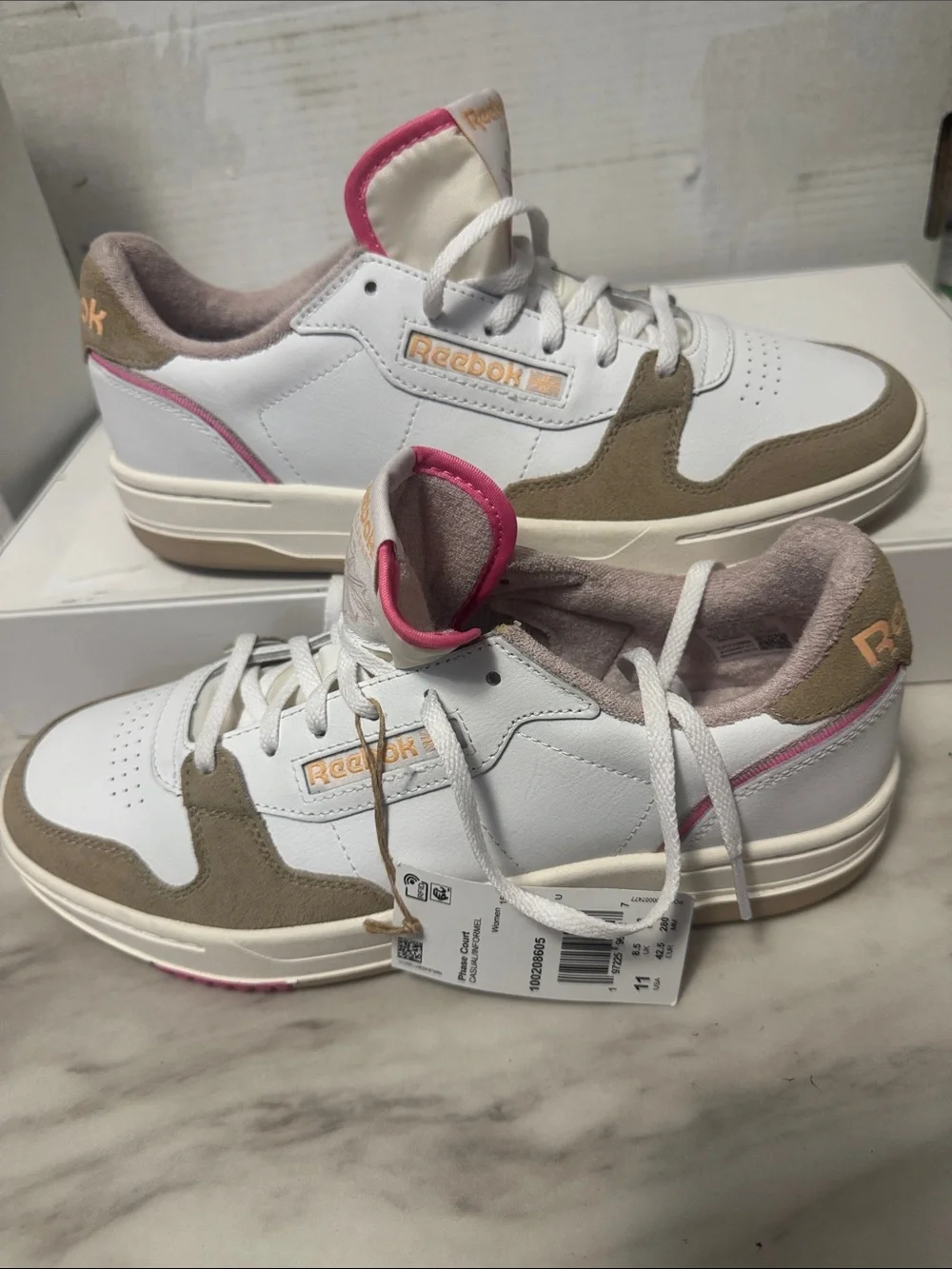 Reebok White Sneakers with Beige Suede and Pink Accents